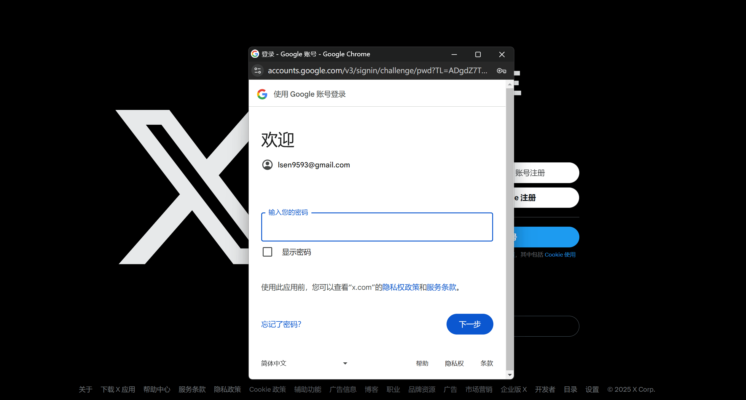 使用Google注册推特输入密码